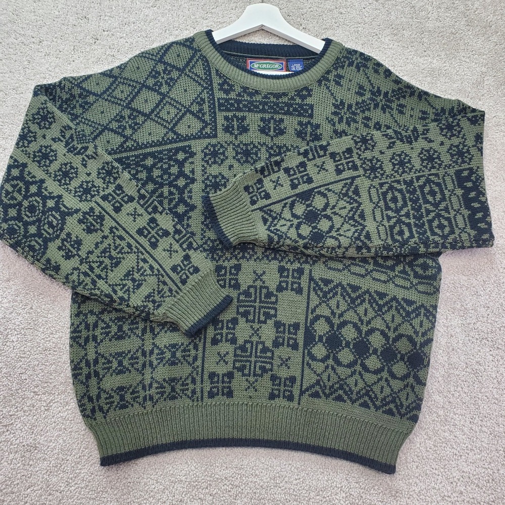 VTG McGregor Sweater Mens L Green Geometric Knit 80s Grandpa Patchwork Fair Isle
